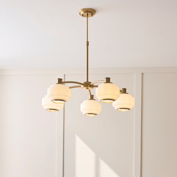 Evora Five Arm Pendant in Brushed Aged Brass with Gloss Opal Ribbed Glass Shades