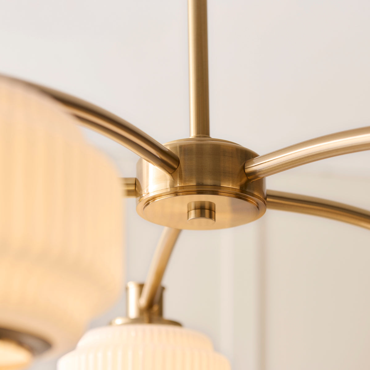 Evora Five Arm Pendant in Brushed Aged Brass with Gloss Opal Ribbed Glass Shades