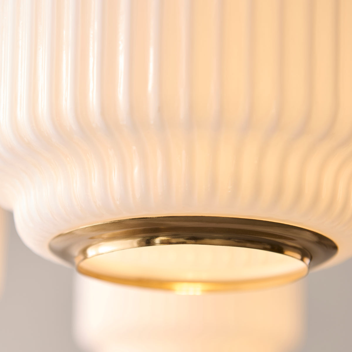 Evora Five Arm Pendant in Brushed Aged Brass with Gloss Opal Ribbed Glass Shades