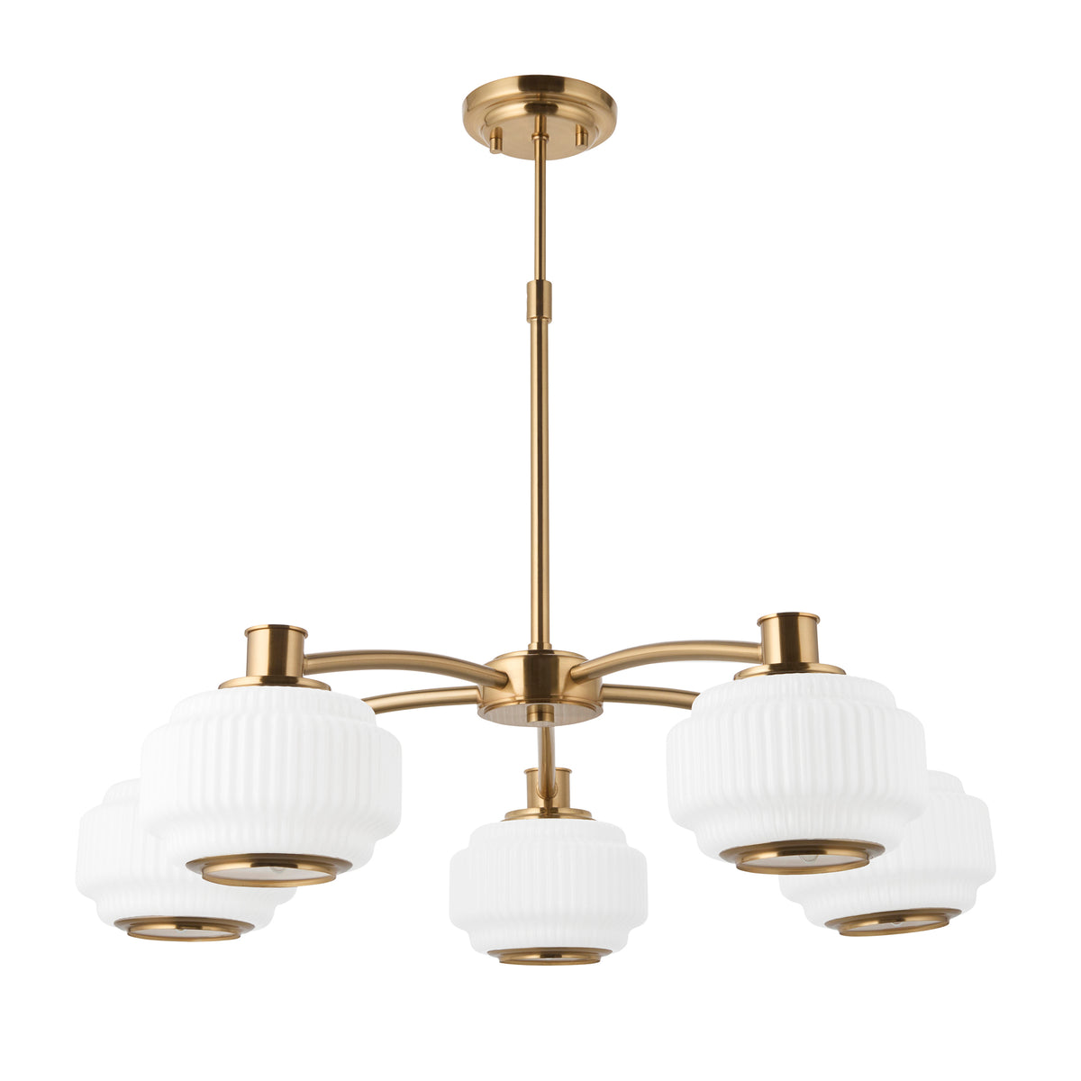 Evora Five Arm Pendant in Brushed Aged Brass with Gloss Opal Ribbed Glass Shades