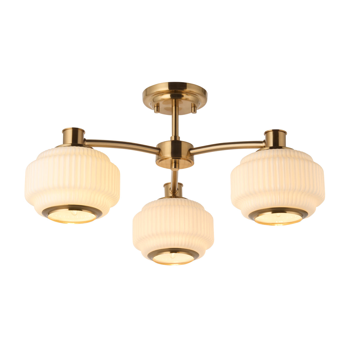 Evora Three Arm Semi Flush in Brushed Aged Brass with Gloss Opal Ribbed Glass Shades
