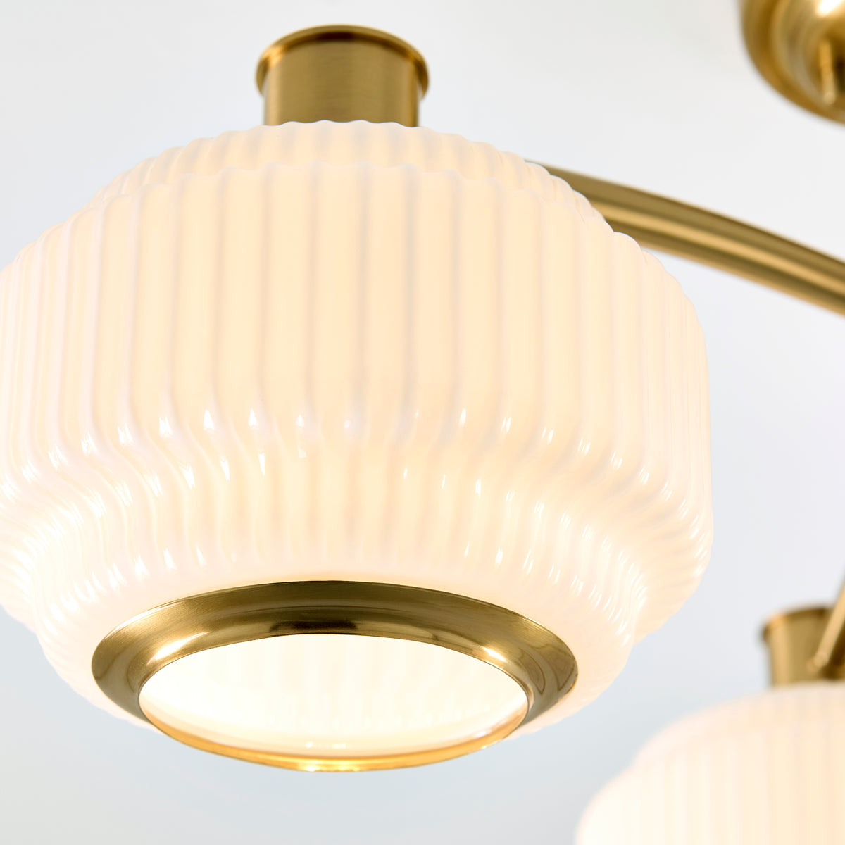 Evora Three Arm Semi Flush in Brushed Aged Brass with Gloss Opal Ribbed Glass Shades