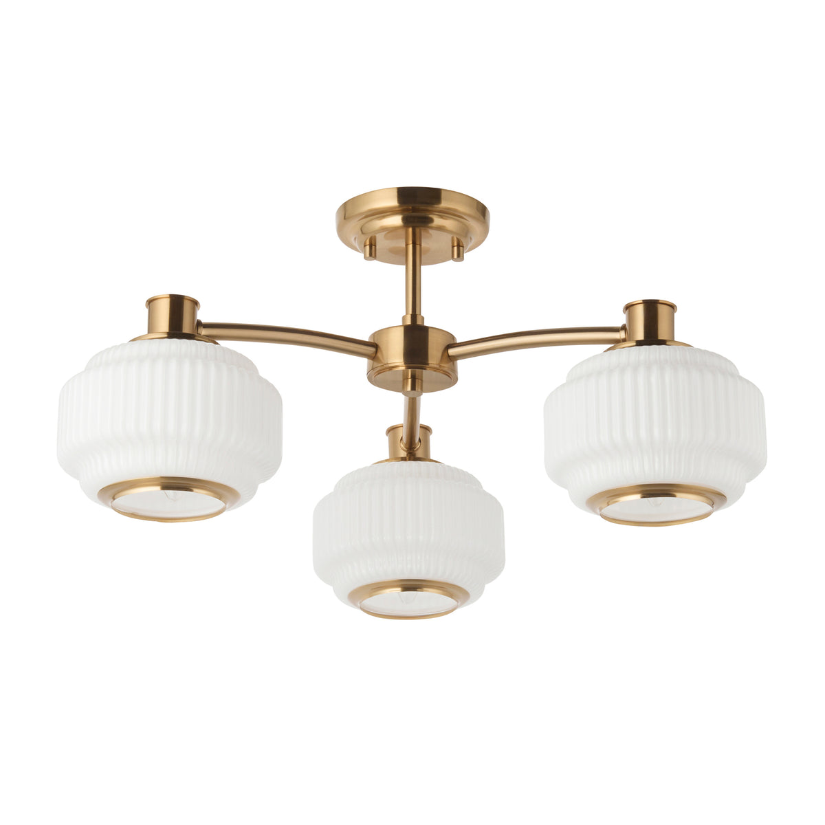 Evora Three Arm Semi Flush in Brushed Aged Brass with Gloss Opal Ribbed Glass Shades