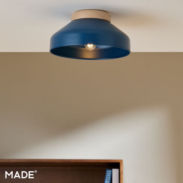 Albert Semi Flush Ceiling Light in Navy Blue with Rubberwood Detail