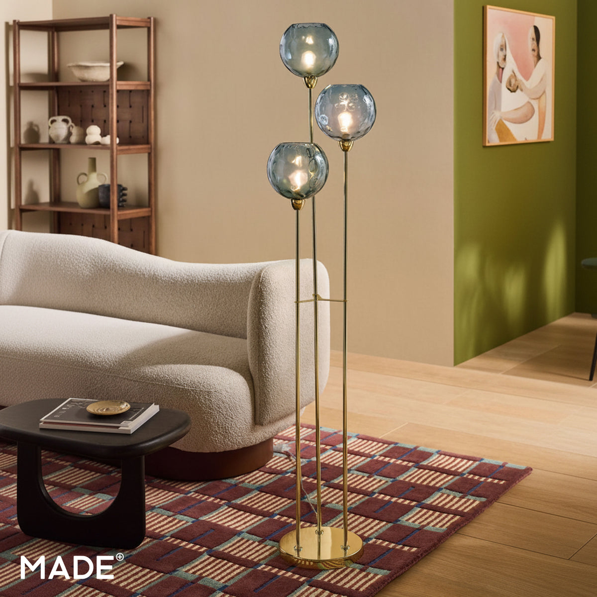 MADE.COM Ilaria 3 light floor lamp in polished brass with blue dimple glass shades