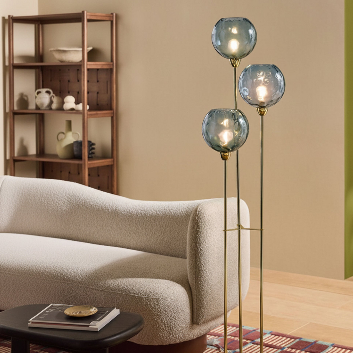 Ilaria 3 Light Floor Lamp in Polished Brass with Blue Dimple Glass Shades