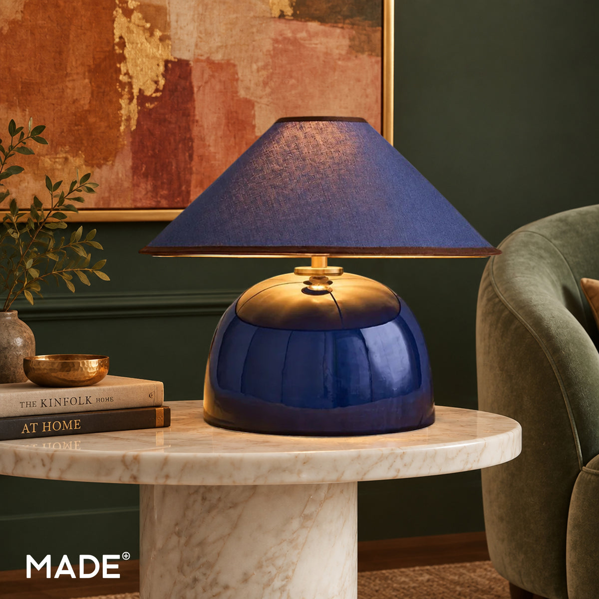 Nora Ceramic Table Lamp in Navy Blue with Navy Blue Linen Shade