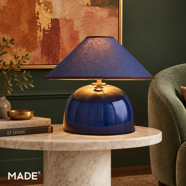 Nora Ceramic Table Lamp in Navy Blue with Navy Blue Linen Shade