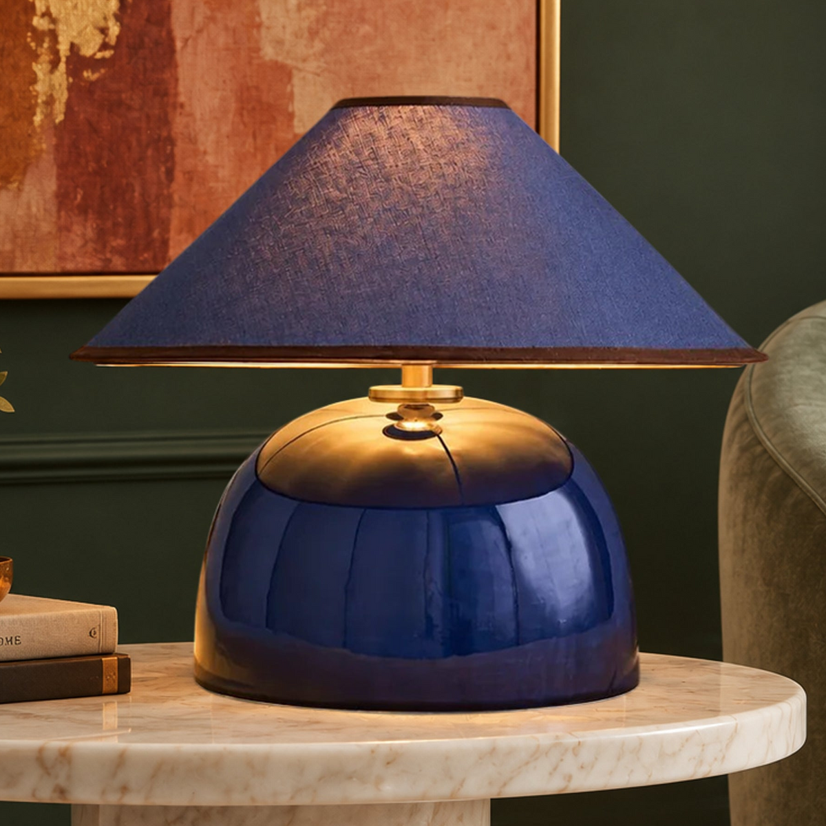 Nora Ceramic Table Lamp in Navy Blue with Navy Blue Linen Shade