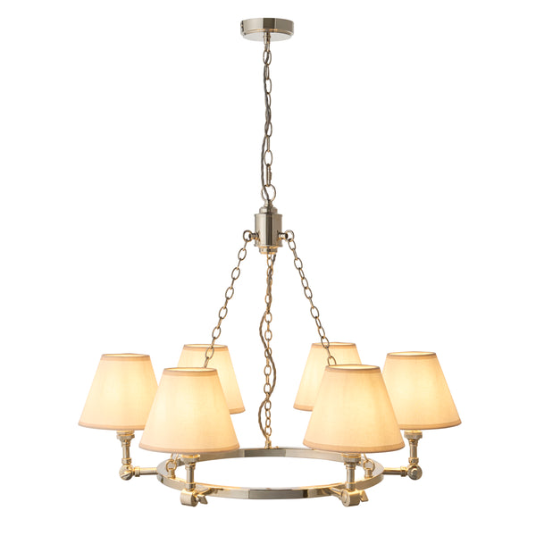 Arabella Six Light Pendant Chandelier in Nickel with Ivy Shades