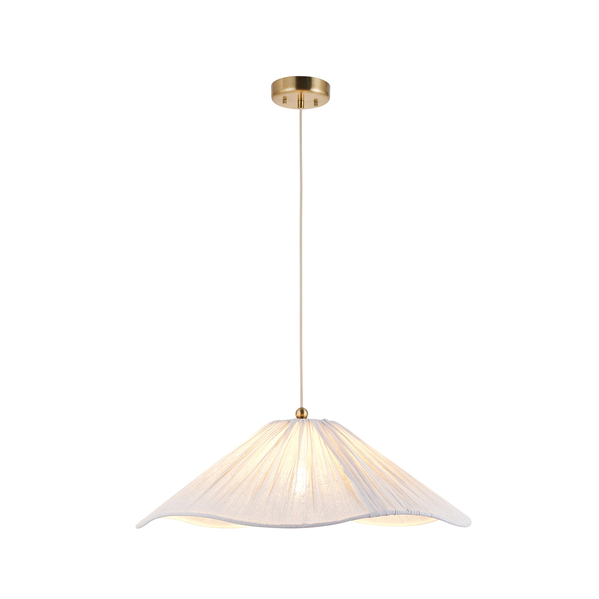 Isabella Grand Pendant in Brushed Aged Brass with Flowing Vintage White Fabric Shade