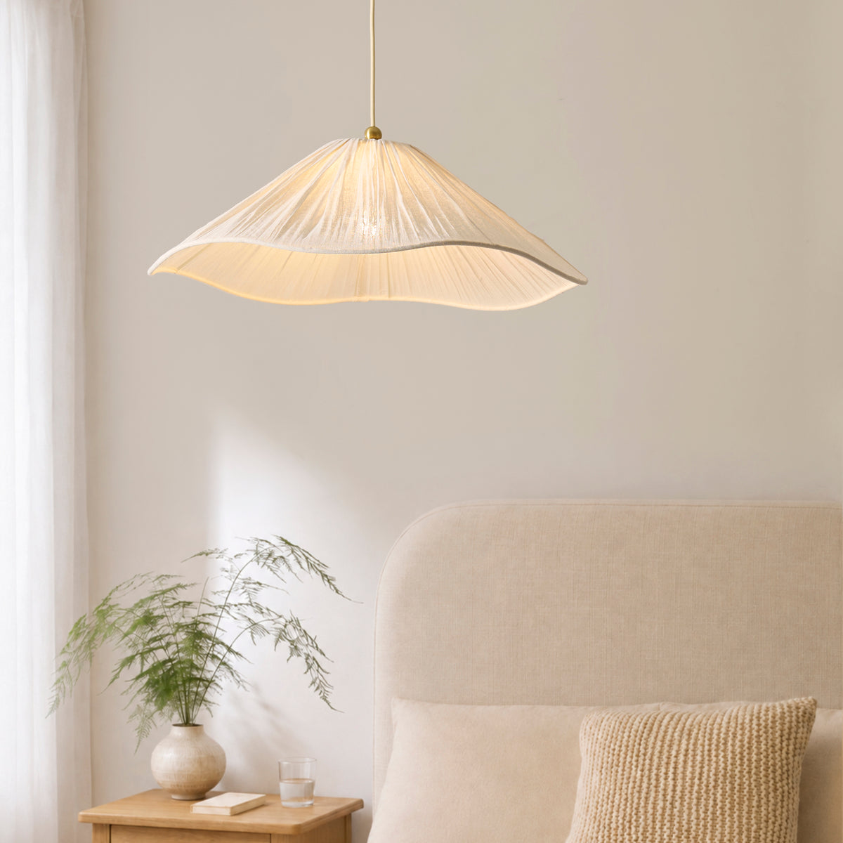 Isabella Grand Pendant in Brushed Aged Brass with Flowing Vintage White Fabric Shade