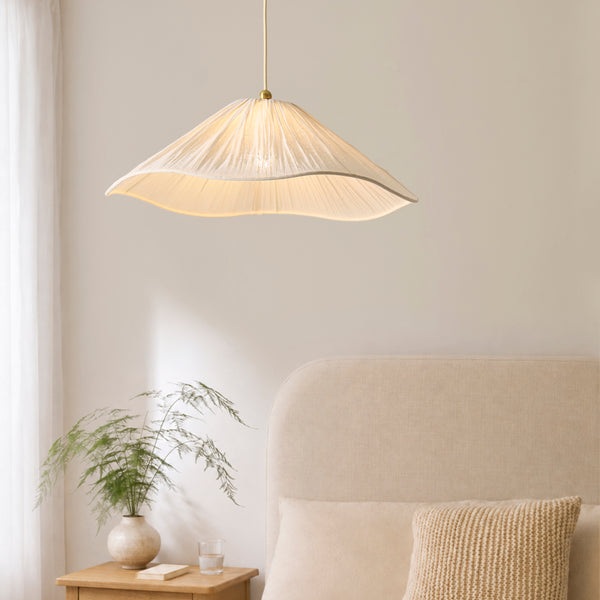 Isabella Grand Pendant in Brushed Aged Brass with Flowing Vintage White Fabric Shade
