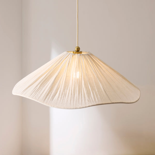 Isabella Grand Pendant in Brushed Aged Brass with Flowing Vintage White Fabric Shade