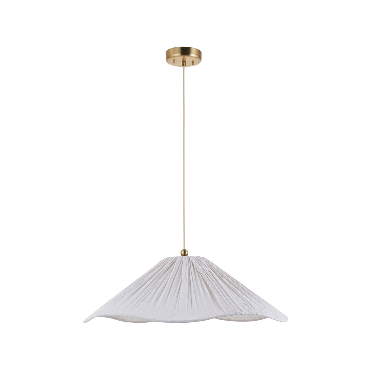 Isabella Grand Pendant in Brushed Aged Brass with Flowing Vintage White Fabric Shade