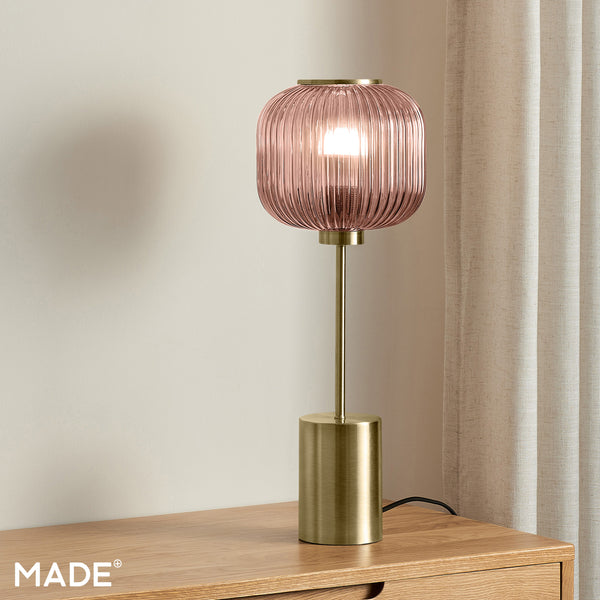 Briz Large Table Lamp in Antique Brass with Ribbed Pink Glass Shade