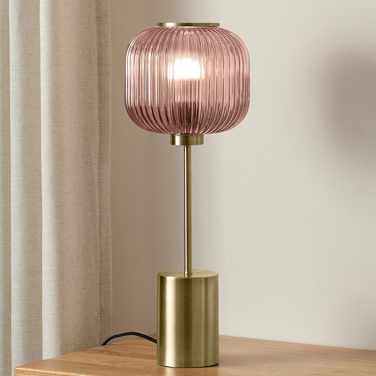 Briz Large Table Lamp in Antique Brass with Ribbed Pink Glass Shade