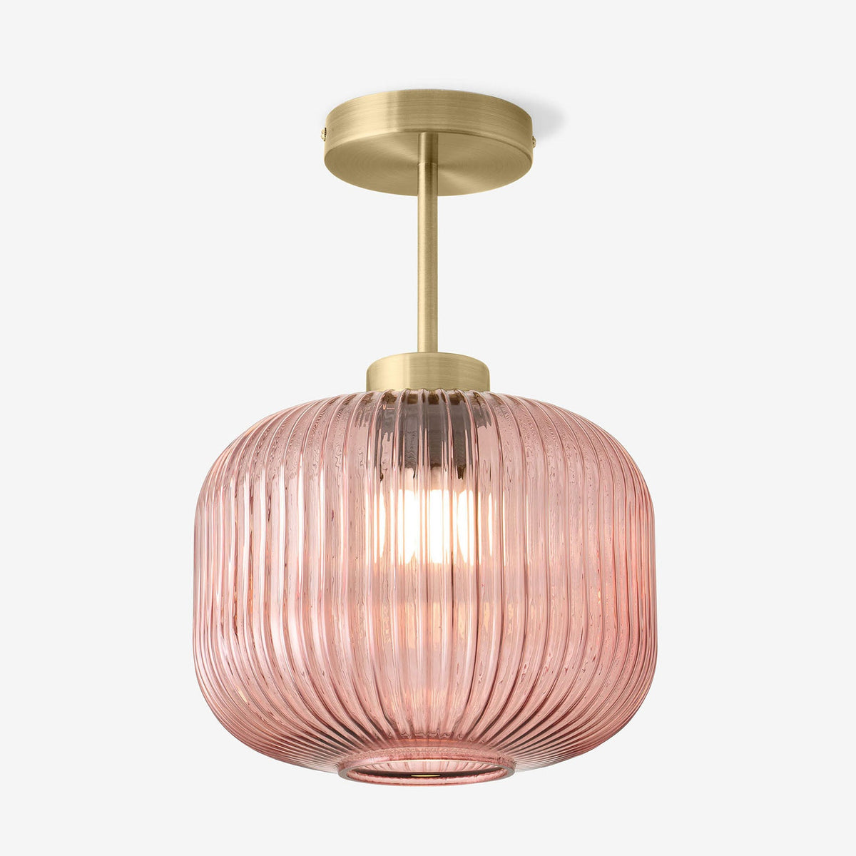 Briz Semi Flush Ceiling Light in Antique Brass with Ribbed Pink Glass Shade