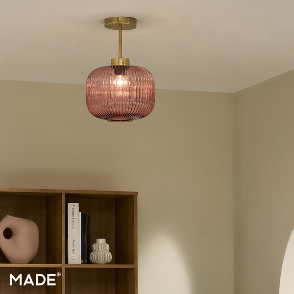 Briz Semi Flush Ceiling Light in Antique Brass with Ribbed Pink Glass Shade