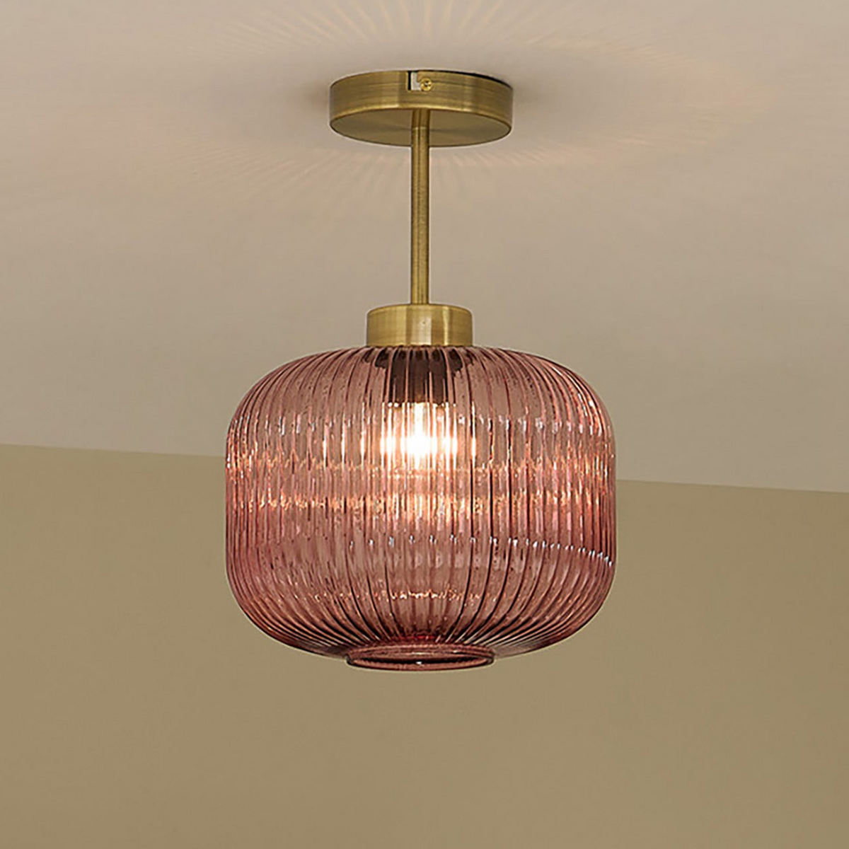 Briz Semi Flush Ceiling Light in Antique Brass with Ribbed Pink Glass Shade