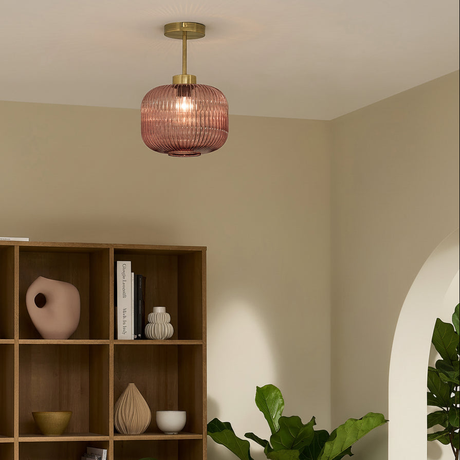 Briz Semi Flush Ceiling Light in Antique Brass with Ribbed Pink Glass Shade