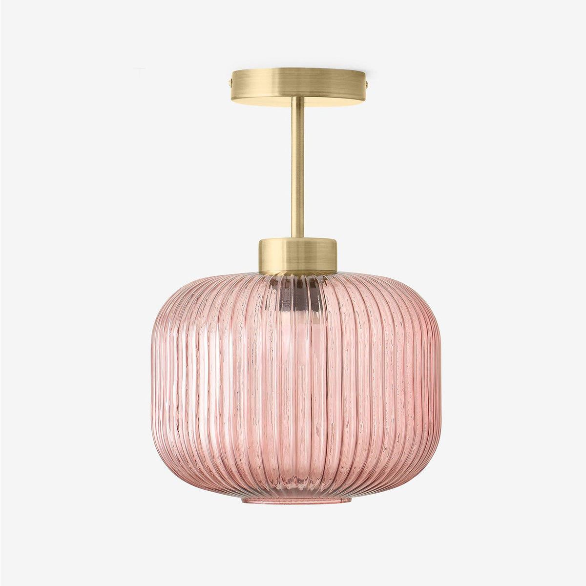 Briz Semi Flush Ceiling Light in Antique Brass with Ribbed Pink Glass Shade