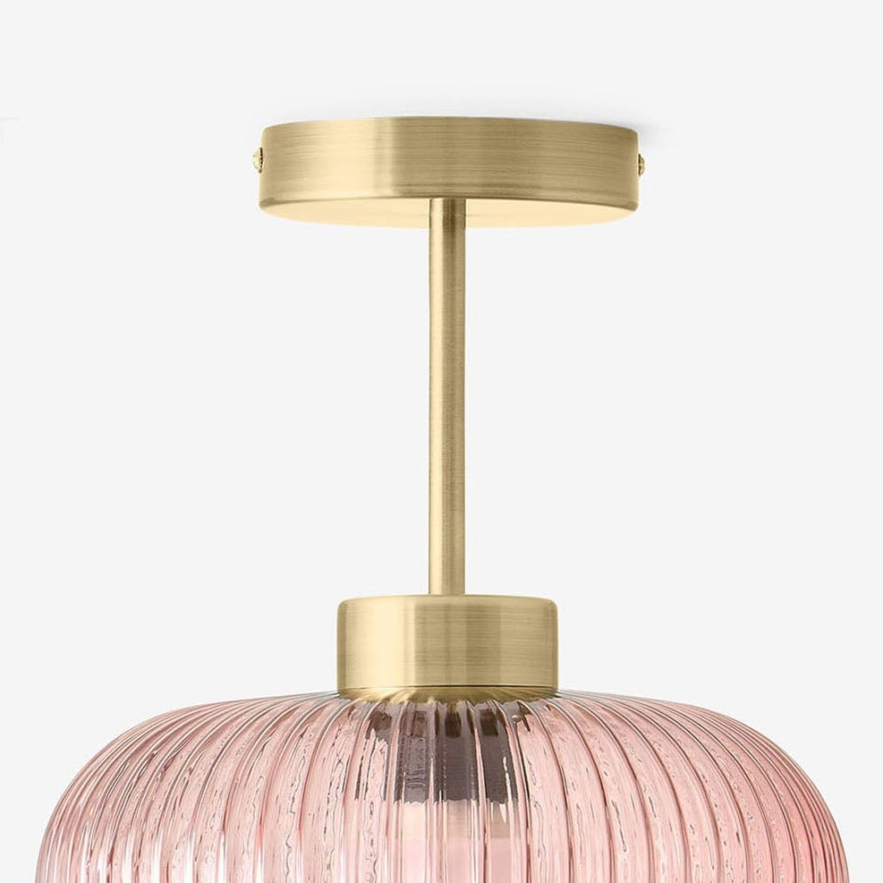 Briz Semi Flush Ceiling Light in Antique Brass with Ribbed Pink Glass Shade