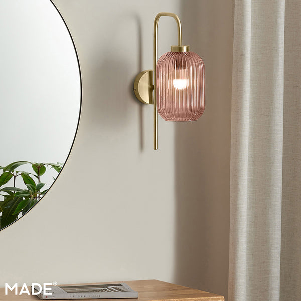 Briz Wall Light in Antique Brass with Ribbed Pink Glass Shade
