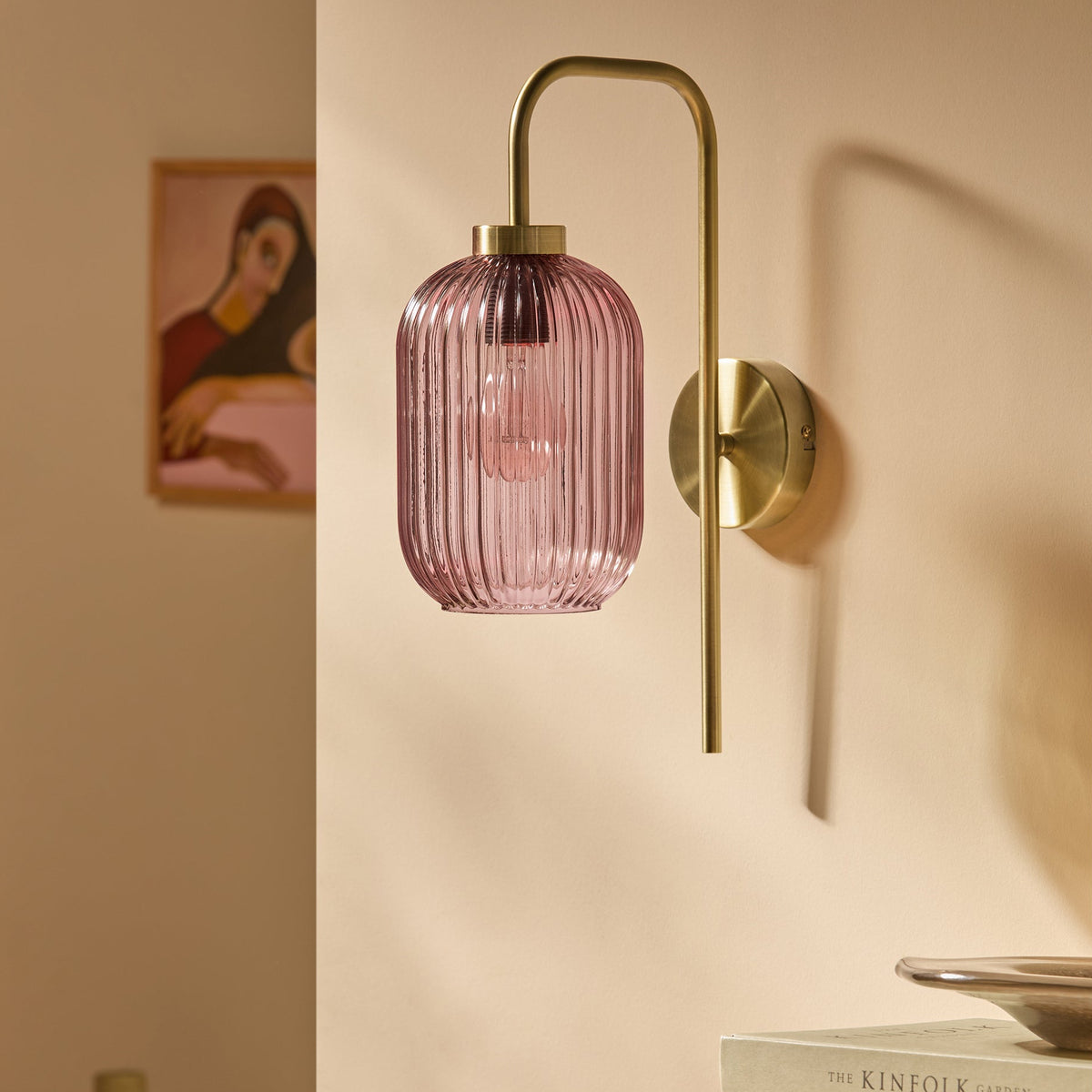 Briz Wall Light in Antique Brass with Ribbed Pink Glass Shade
