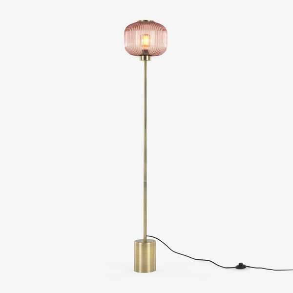 Briz Floor Lamp in Antique Brass with Ribbed Pink Glass Shade