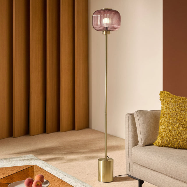 Briz Floor Lamp in Antique Brass with Ribbed Pink Glass Shade