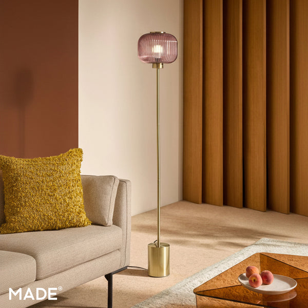 Briz Floor Lamp in Antique Brass with Ribbed Pink Glass Shade