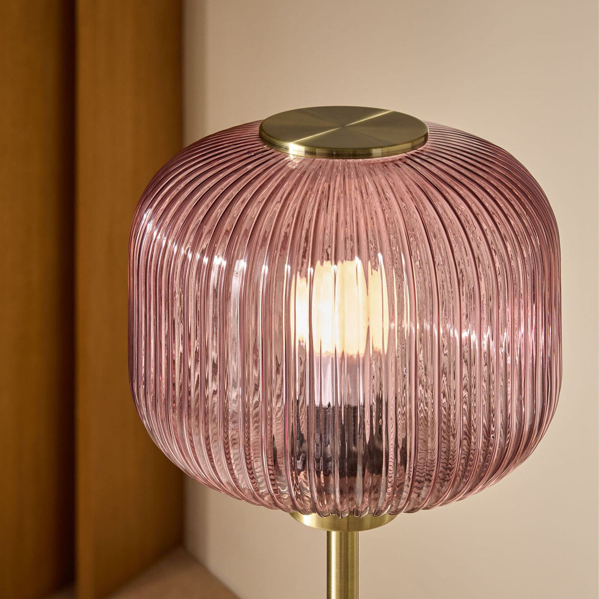 Briz Floor Lamp in Antique Brass with Ribbed Pink Glass Shade