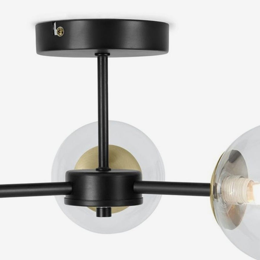 Globe 3 Light Semi Flush Ceiling Light in Matt Black & Antique Brass with Tinted Grey Glass Shades