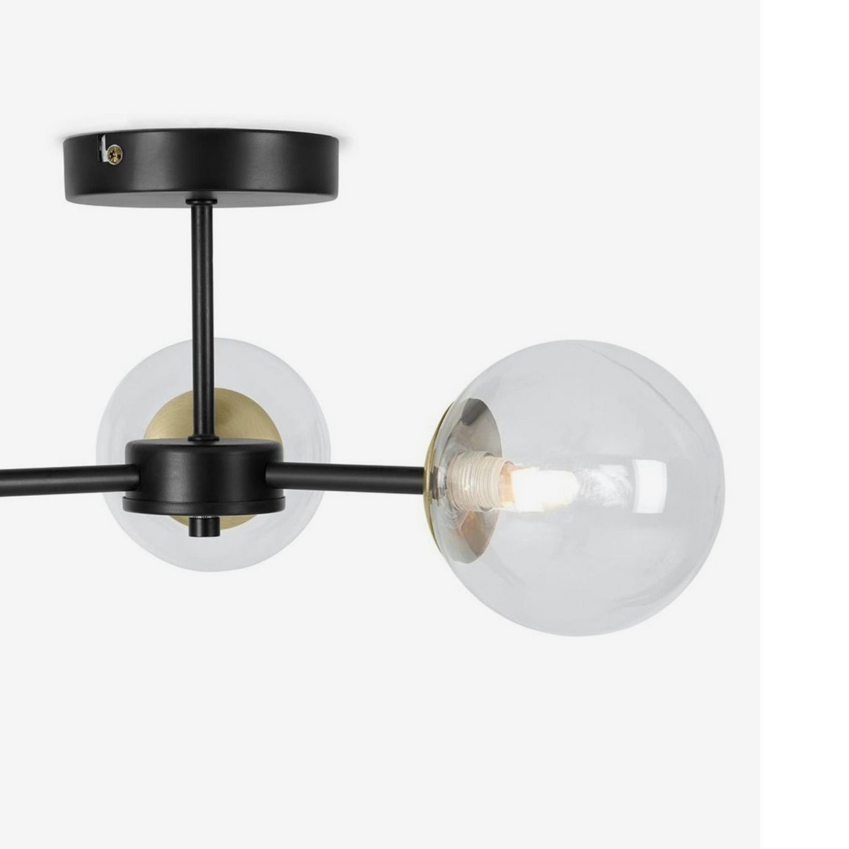 Globe 3 Light Semi Flush Ceiling Light in Matt Black & Antique Brass with Tinted Grey Glass Shades