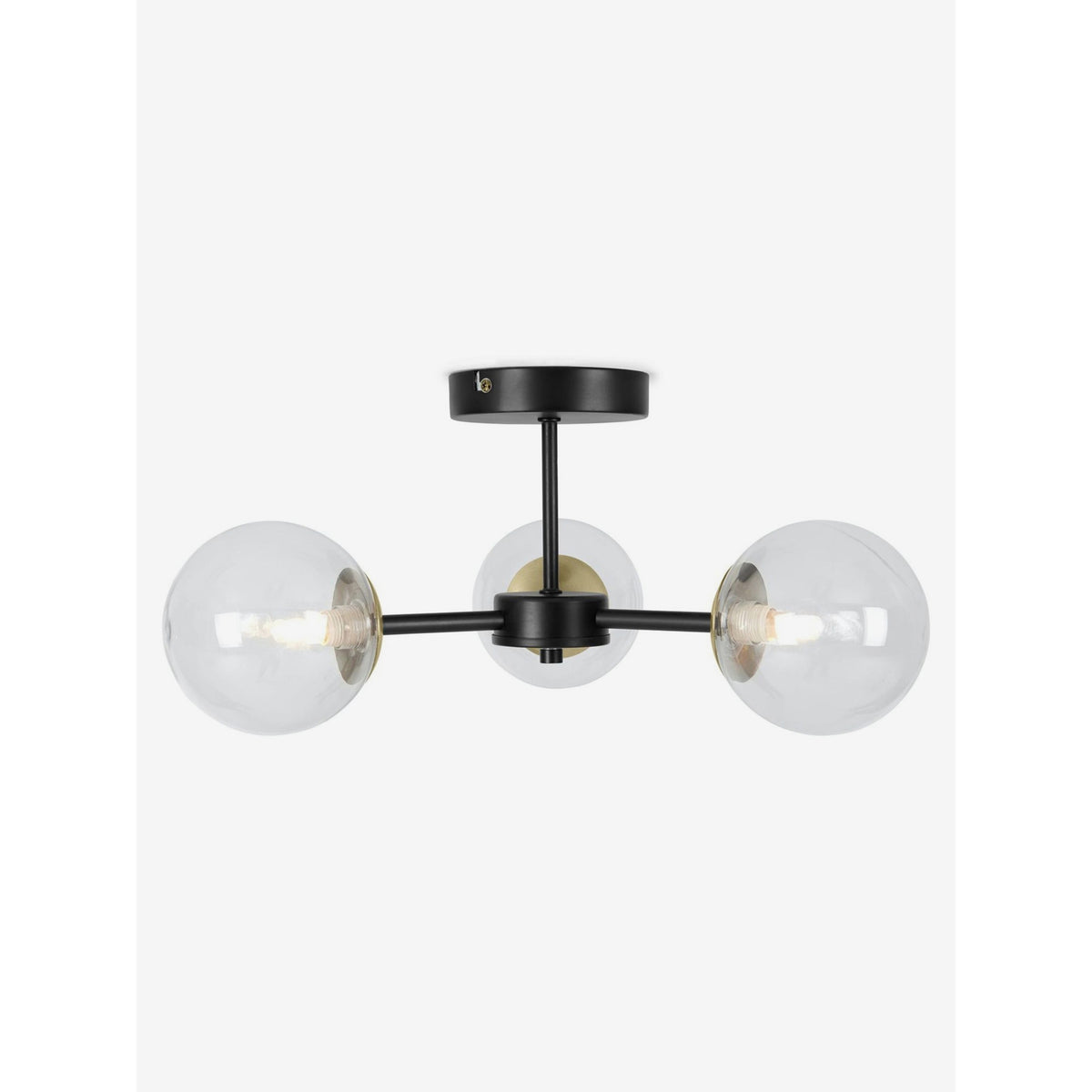 Globe 3 Light Semi Flush Ceiling Light in Matt Black & Antique Brass with Tinted Grey Glass Shades
