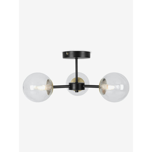 Globe 3 Light Semi Flush Ceiling Light in Matt Black & Antique Brass with Tinted Grey Glass Shades