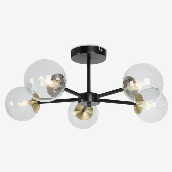 Globe 5 Light Semi Flush Ceiling Light in Matt Black & Antique Brass with Tinted Grey Glass Shades