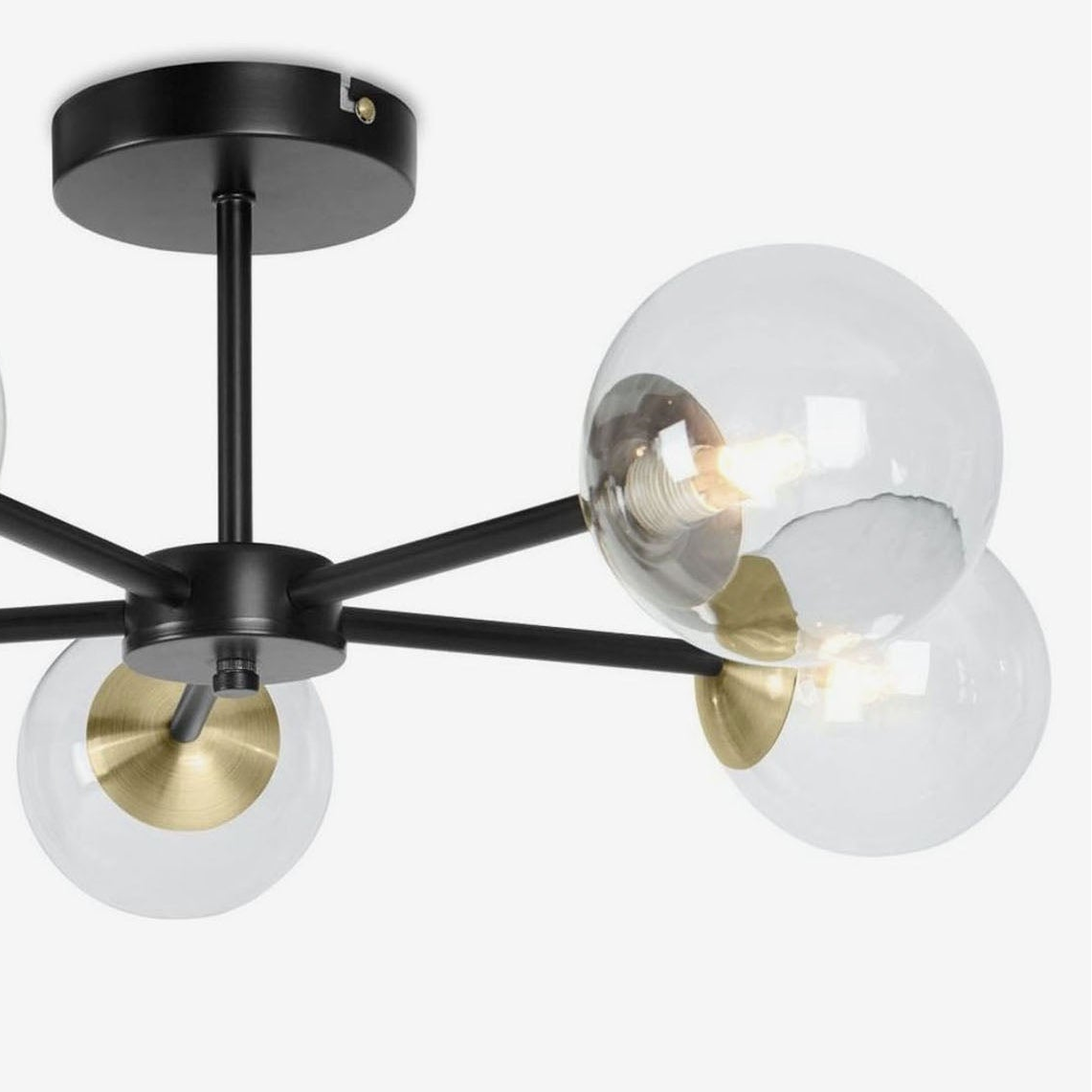 Globe 5 Light Semi Flush Ceiling Light in Matt Black & Antique Brass with Tinted Grey Glass Shades