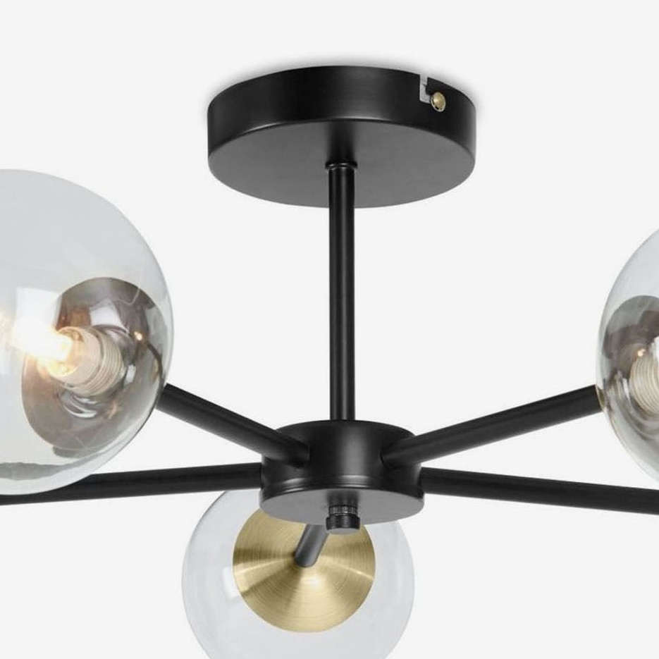 Globe 5 Light Semi Flush Ceiling Light in Matt Black & Antique Brass with Tinted Grey Glass Shades
