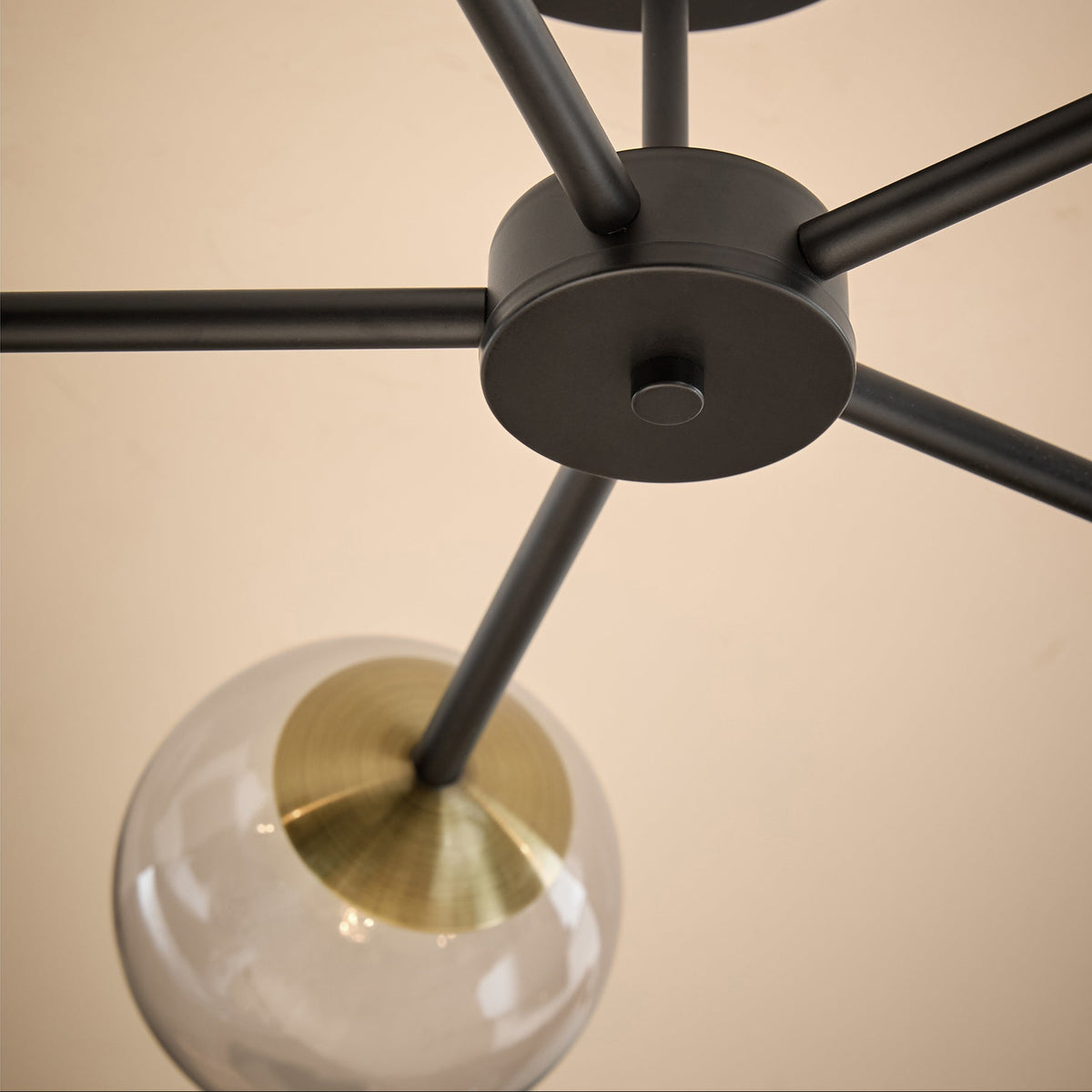 Globe 5 Light Semi Flush Ceiling Light in Matt Black & Antique Brass with Tinted Grey Glass Shades