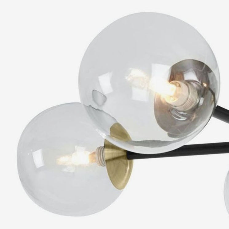 Globe 5 Light Semi Flush Ceiling Light in Matt Black & Antique Brass with Tinted Grey Glass Shades