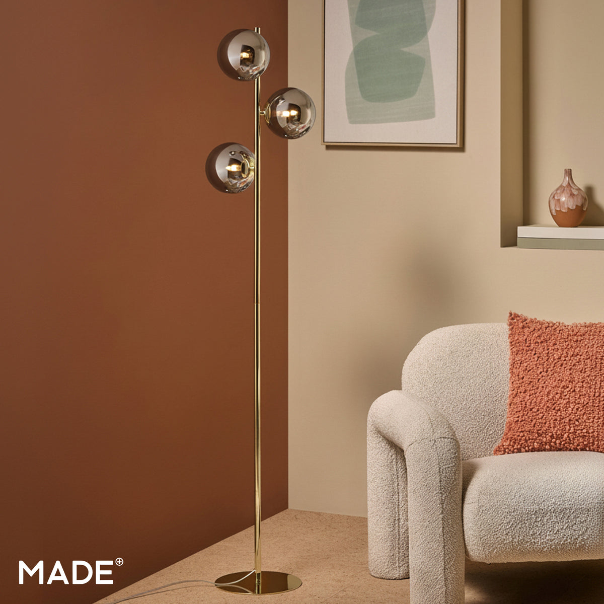 Globe Floor Lamp in Polished Brass with Smoked Glass Shades