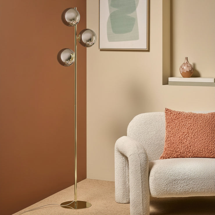Globe Floor Lamp in Polished Brass with Smoked Glass Shades