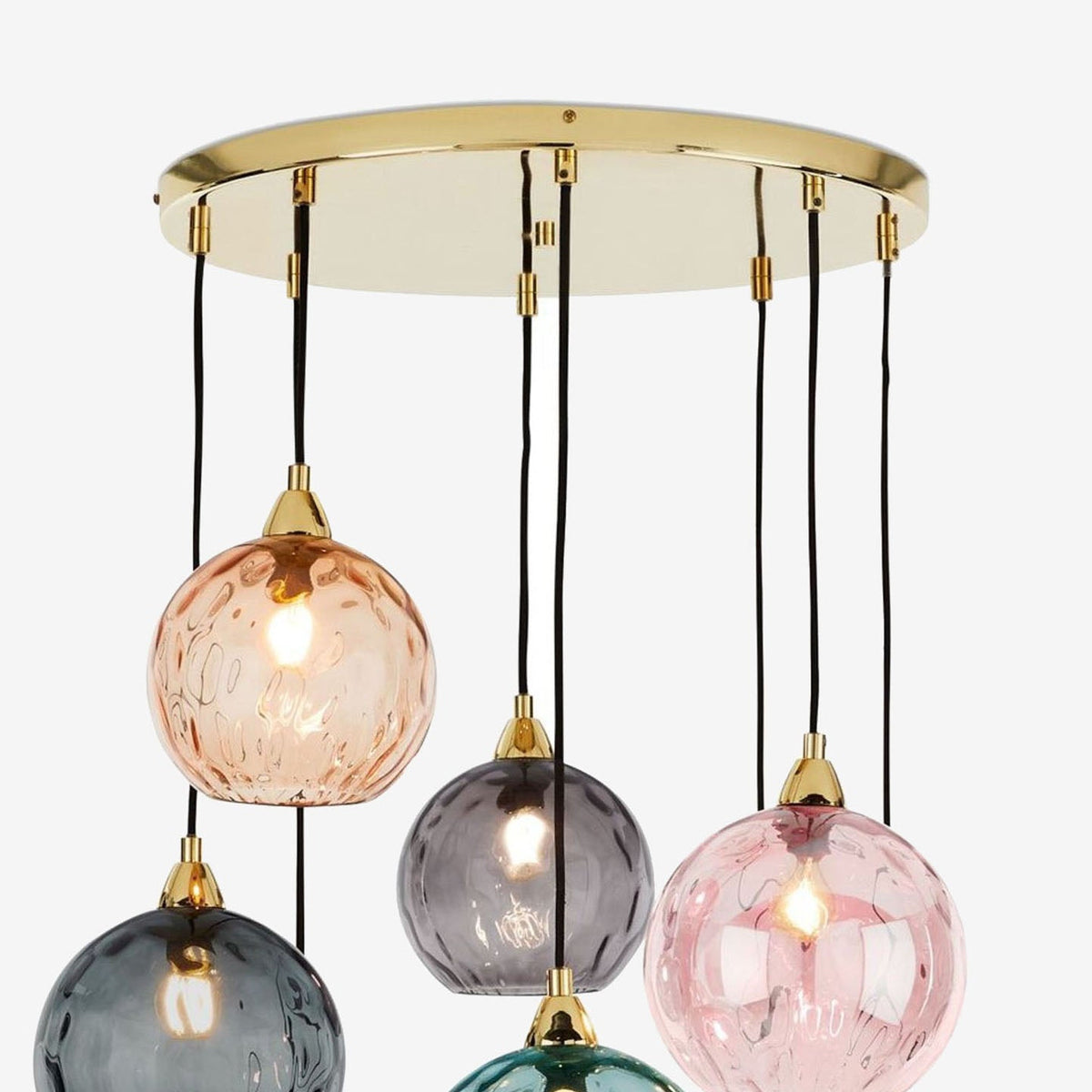 Ilaria 8 Light Cluster Pendant in Polished Brass with Multi Colour Dimple Glass Shades