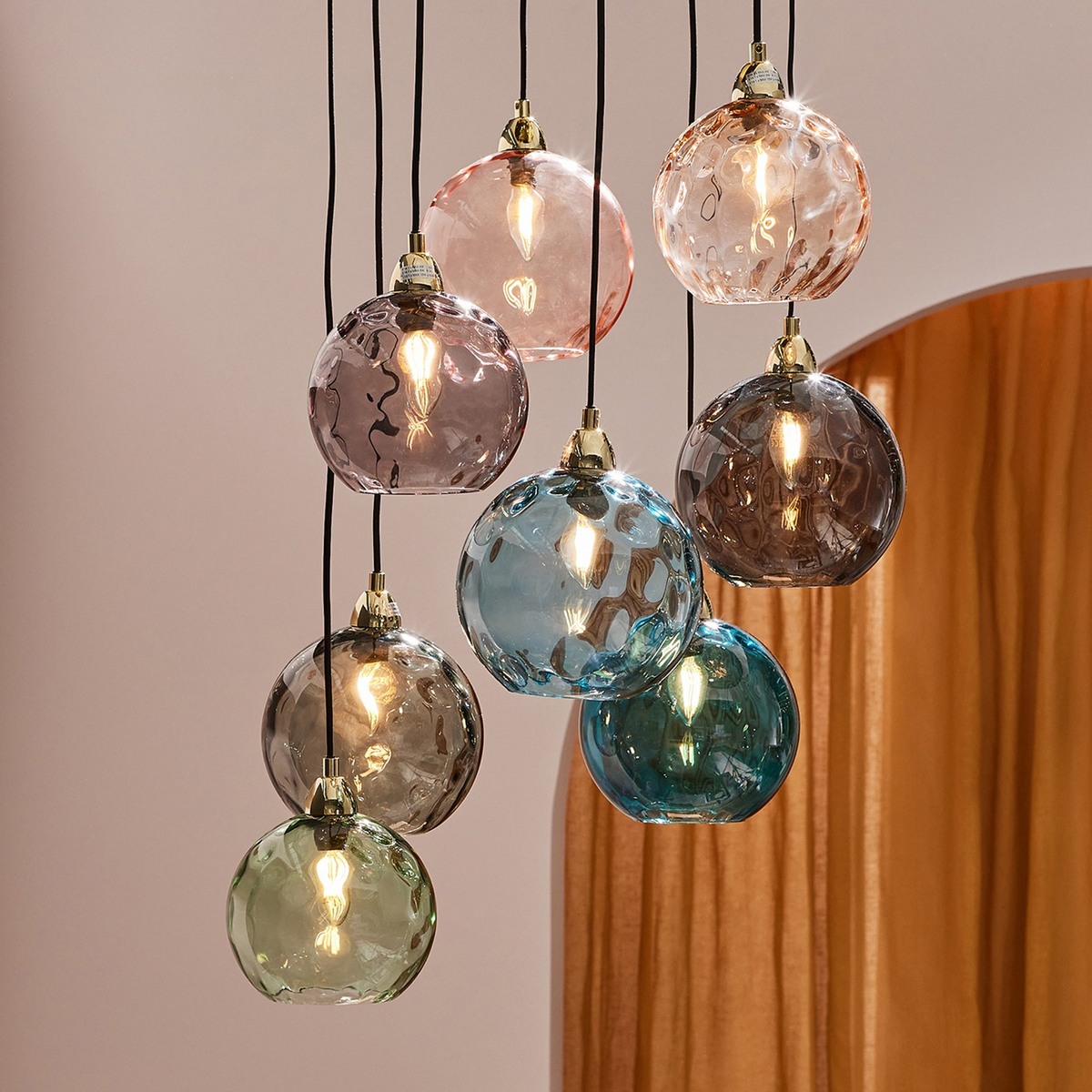 Ilaria 8 Light Cluster Pendant in Polished Brass with Multi Colour Dimple Glass Shades