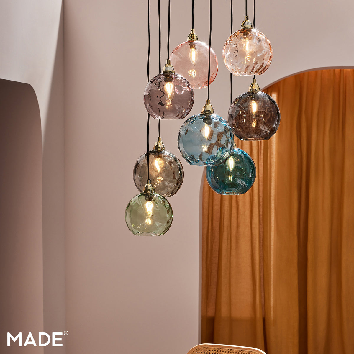 Ilaria 8 Light Cluster Pendant in Polished Brass with Multi Colour Dimple Glass Shades