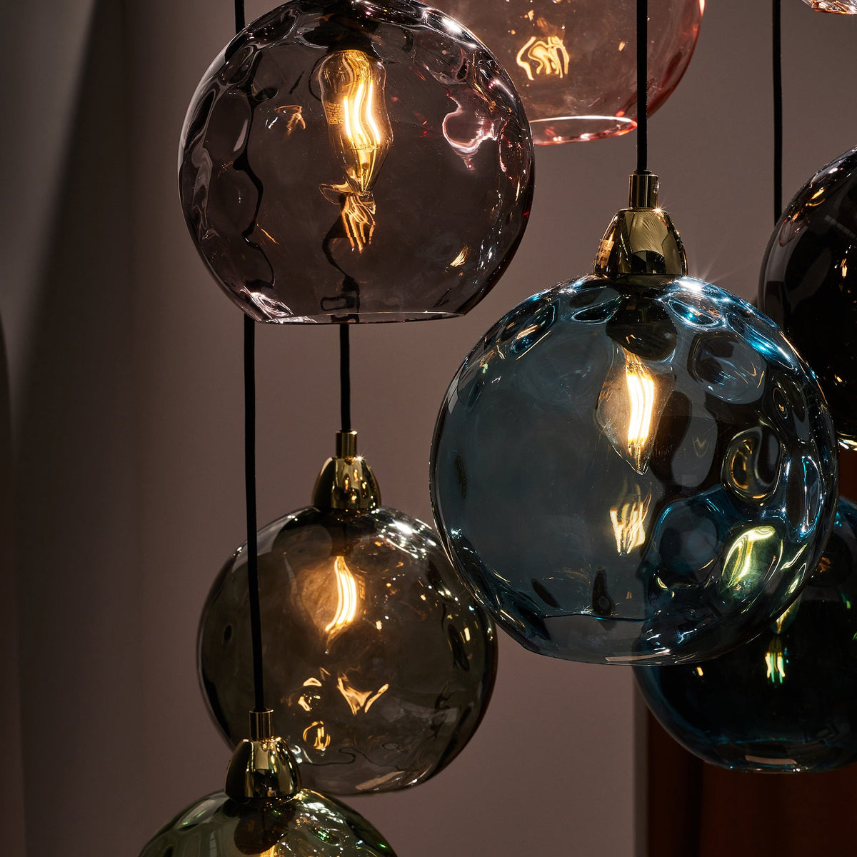 Ilaria 8 Light Cluster Pendant in Polished Brass with Multi Colour Dimple Glass Shades