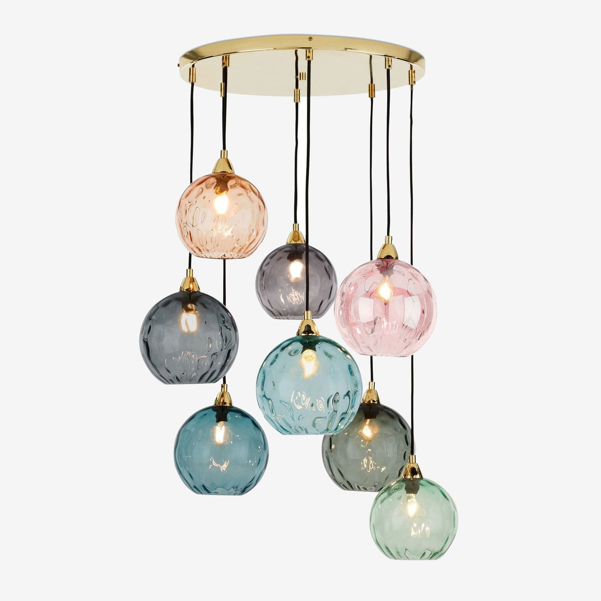 Ilaria 8 Light Cluster Pendant in Polished Brass with Multi Colour Dimple Glass Shades