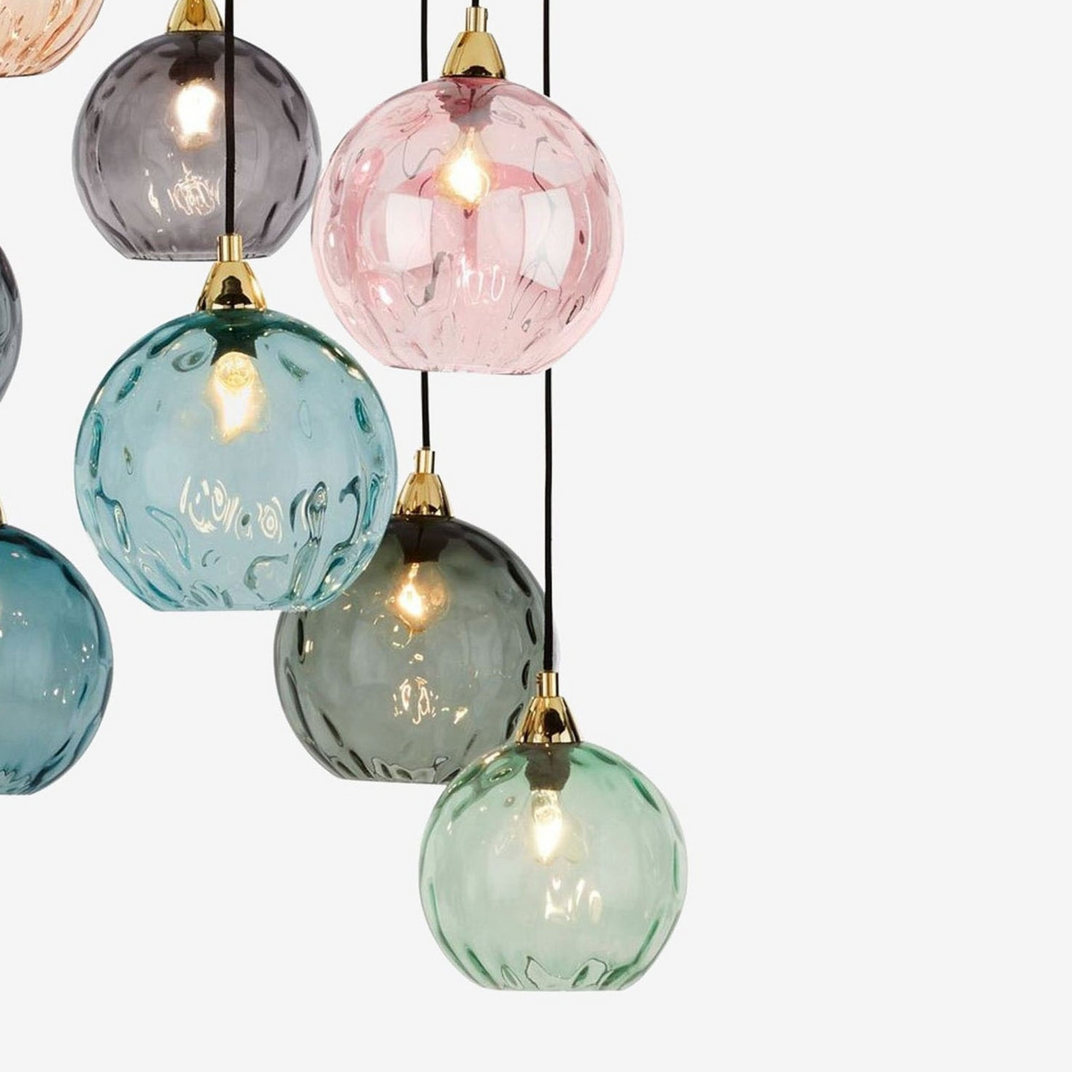 Ilaria 8 Light Cluster Pendant in Polished Brass with Multi Colour Dimple Glass Shades